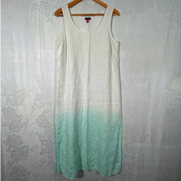 Vince Camuto Tank Dress Small White Aqua Dip Dye 100% Linen Midi Ombre Side Slit - Picture 1 of 8